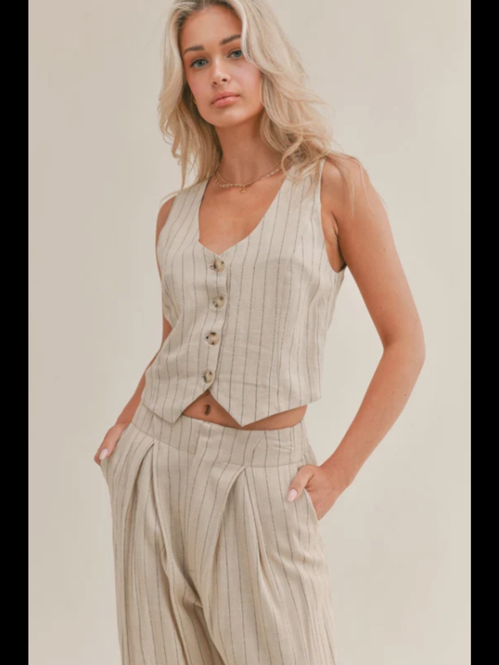Sage The Label Anthropologie Striped Linen-Blend Cropped Vest - Beige